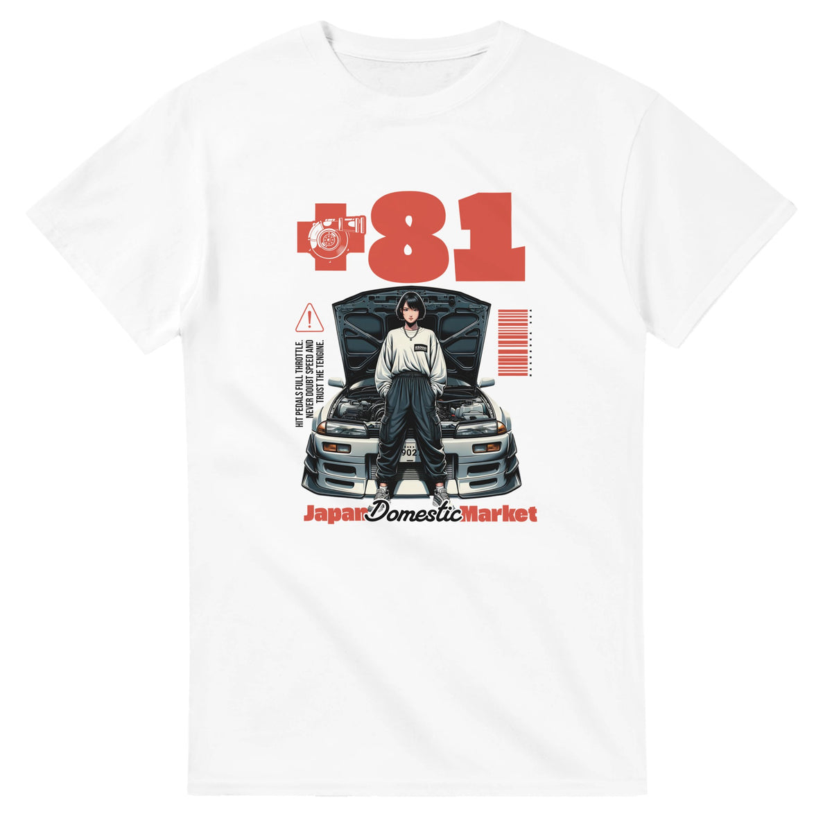 White T-shirt with red 81 graphic, car with open hood and standing person, barcode, and Japan Domestic Market text.
