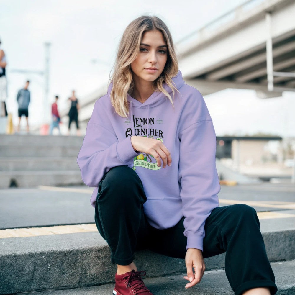 Lavender Lemon women's cotton-blend hoodie with lemon graphic, casual pullover, sizes S to XL.
