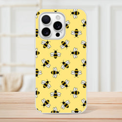 Yellow iPhone case with honey bee pattern for iPhone 13-16, featuring black-and-yellow bees on a sunny background.