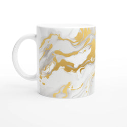 Gold and white marble mug with abstract gold swirls; luxury ceramic coffee cup with a comfortable grip.