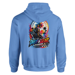 Blue men's hoodie featuring a retro graphic of a manual gear shifter, palm trees, and "Drop A Gear" text.