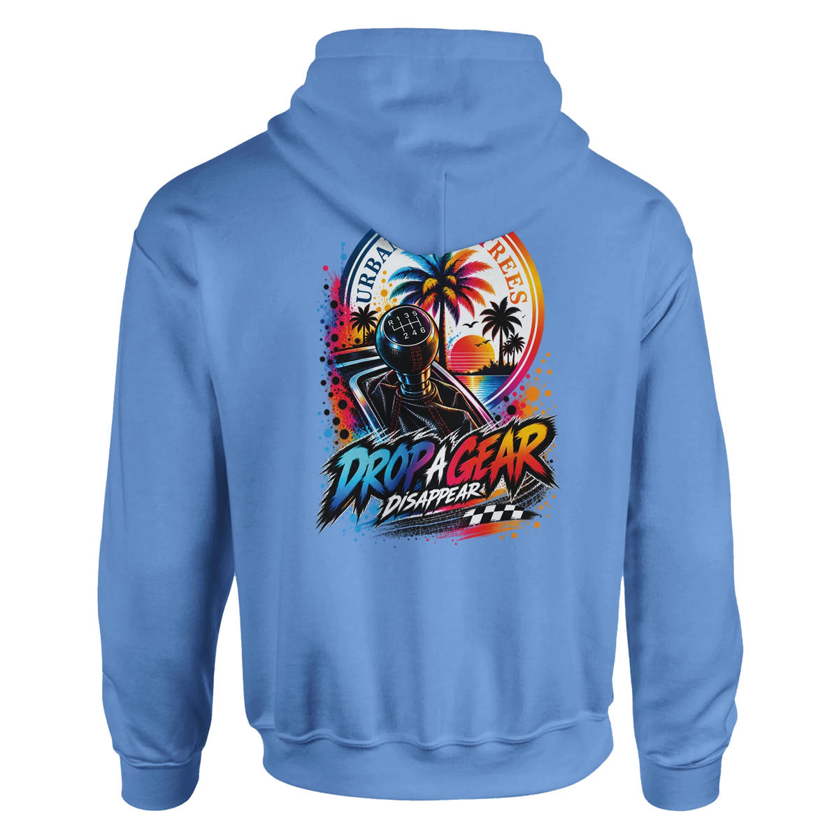 Blue men's hoodie featuring a retro graphic of a manual gear shifter, palm trees, and "Drop A Gear" text.