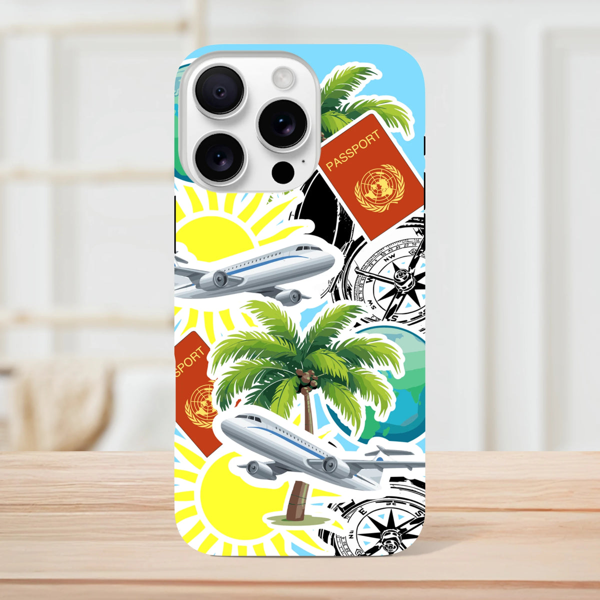 Travel sticker iPhone case featuring palm trees, airplanes, passports, and compass graphics for a bold island adventure vibe.