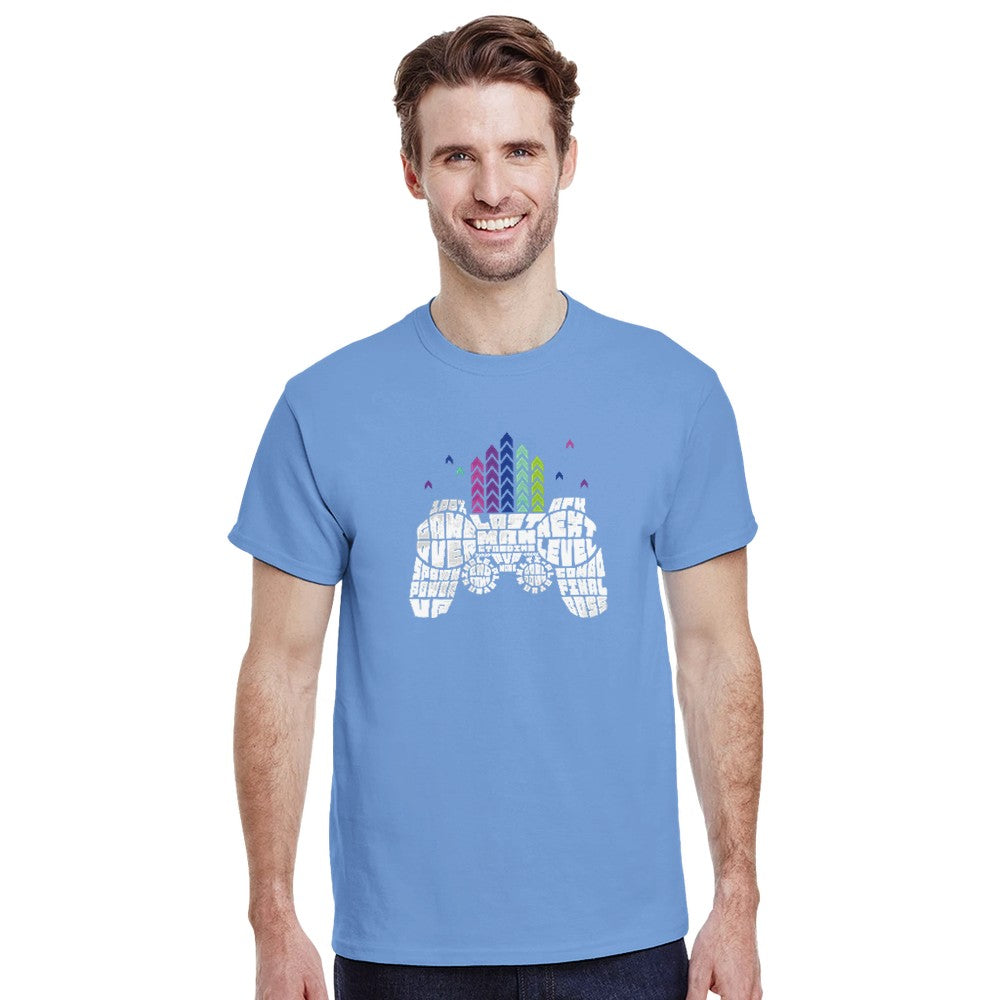 Man in blue retro gamer graphic T-shirt with pixel-art controller and colorful arcade accents.