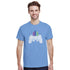 Man in blue retro gamer graphic T-shirt with pixel-art controller and colorful arcade accents.