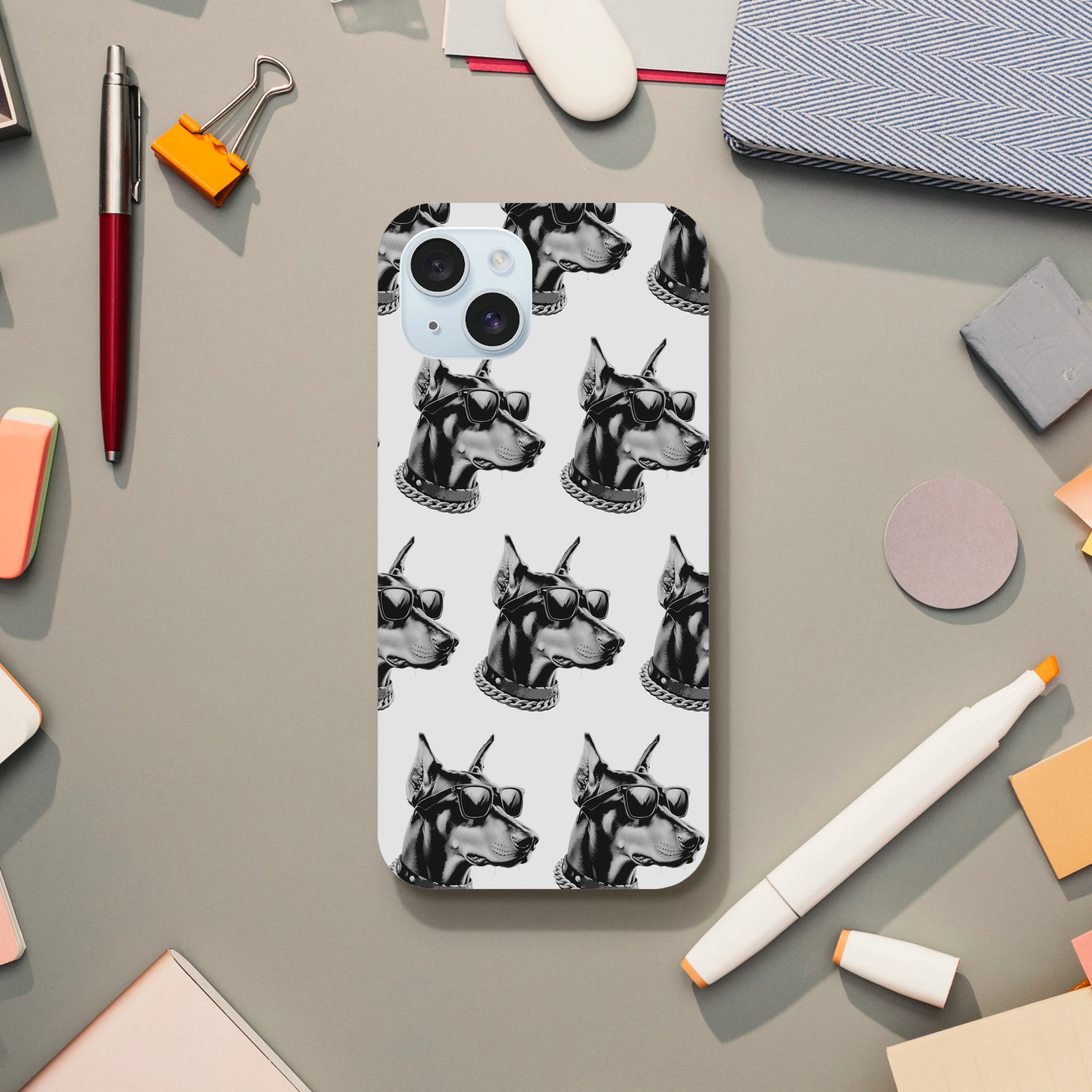 Gangster dog iPhone case with wraparound print on back and sides, dual-layer glossy protection for iPhone 16–13.
