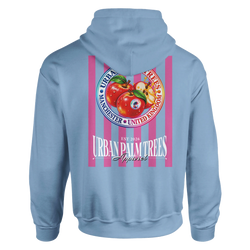 Back print of light blue hoodie featuring retro red apples on pink stripes, with Urban Palm Trees and Manchester text.