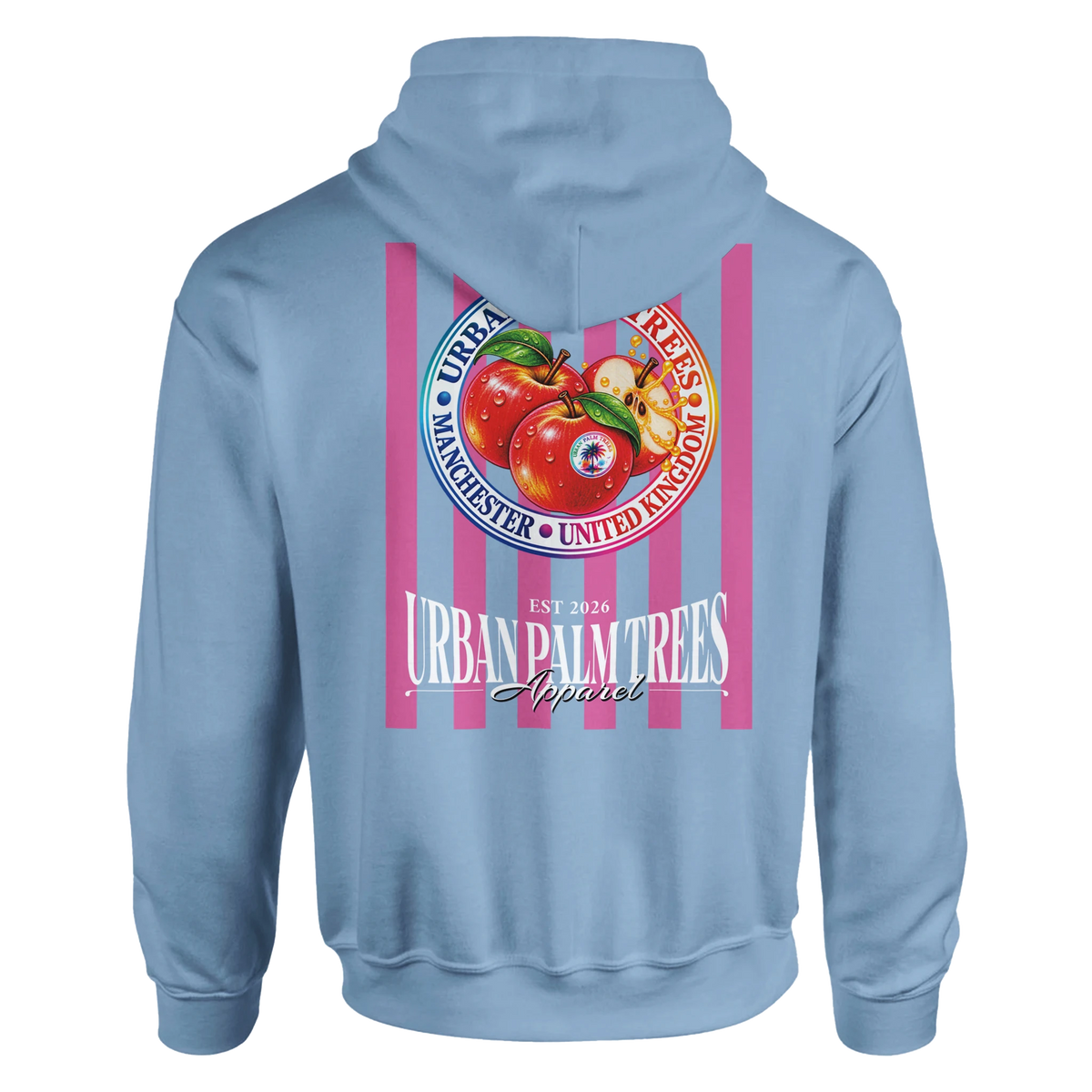 Back print of light blue hoodie featuring retro red apples on pink stripes, with Urban Palm Trees and Manchester text.