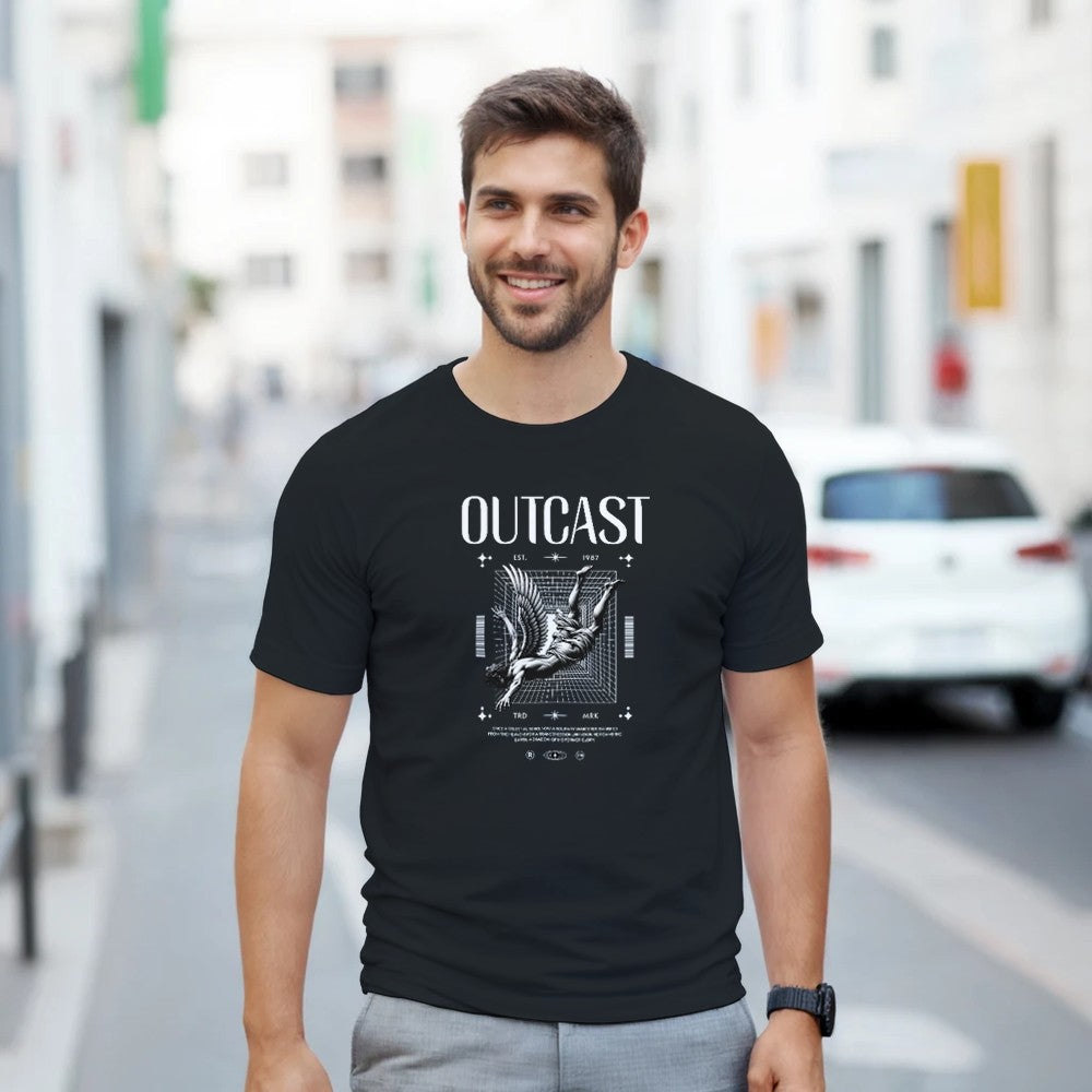 Man wearing black Outcast graphic T-shirt with white geometric design.