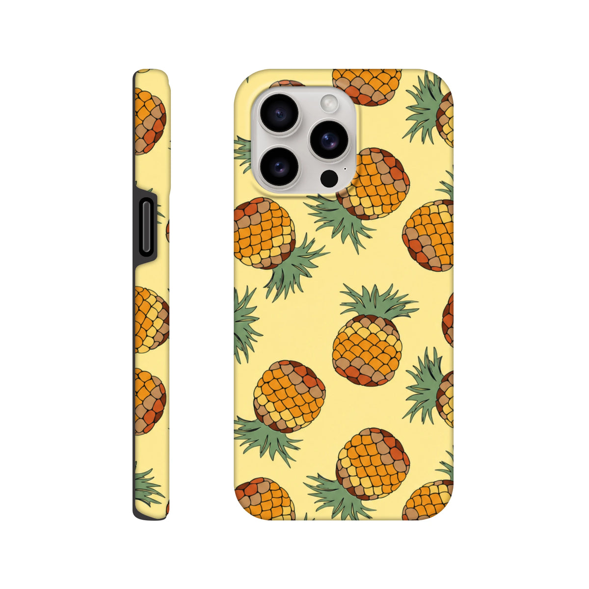 Yellow pineapple pattern tough iPhone case providing tropical style and impact protection for daily carry on compatible models.