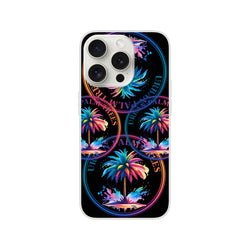 Urban Palm Trees iPhone Case (13-16), retro matte finish with palm motif and colorful circular stamps.