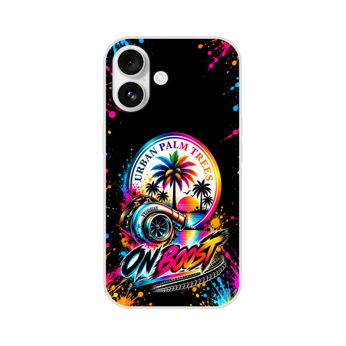 On Boost iPhone case featuring a colorful turbocharger, palm trees, and paint splatter art with urban petrolhead style.