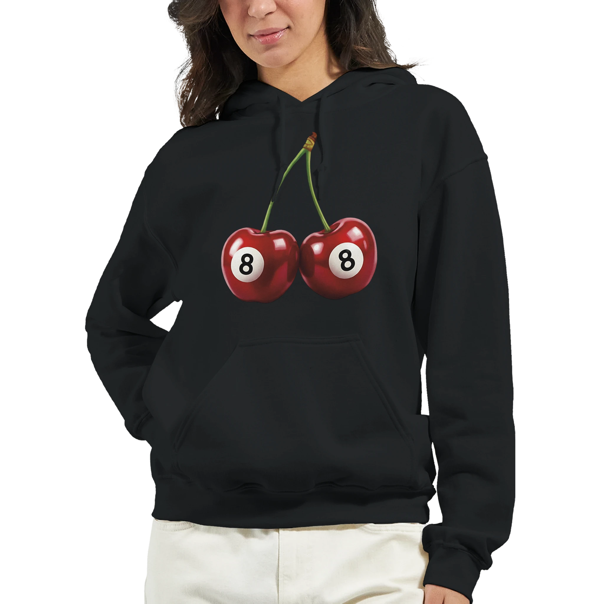Lucky Cherries Jumper women's hoodie in black cotton-poly blend featuring twin cherries with 8-ball centers.