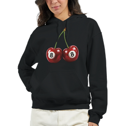 Lucky Cherries Jumper women's hoodie in black cotton-poly blend featuring twin cherries with 8-ball centers.