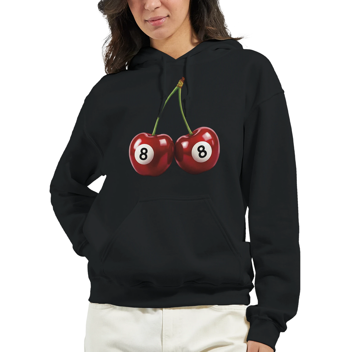 Lucky Cherries Jumper women's hoodie in black cotton-poly blend featuring twin cherries with 8-ball centers.