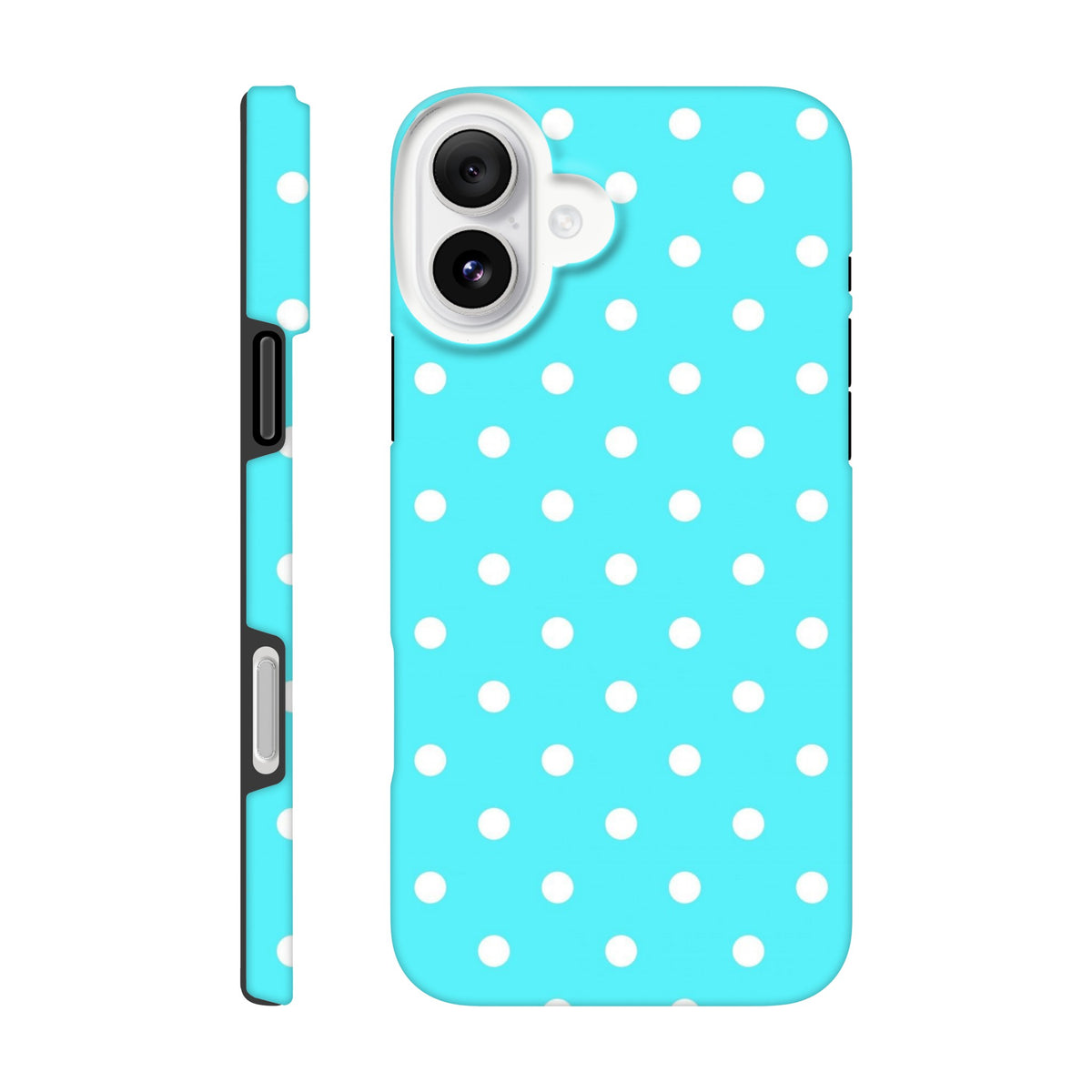 Turquoise & white polka dot tough iPhone case with glossy finish, shock-absorbing TPU chassis, and wraparound protection for drop resistance.