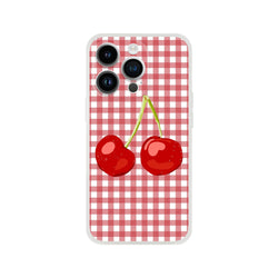 Cute Cherry Gingham iPhone Case (13-16) Coquette Aesthetic, cherry graphic on red gingham background.