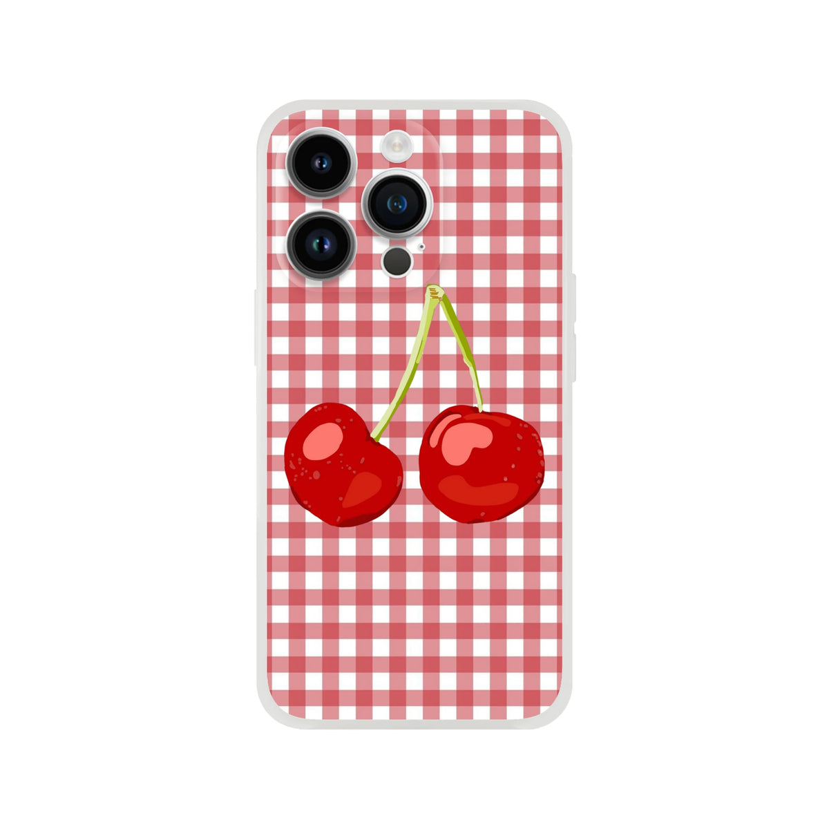 Cute Cherry Gingham iPhone Case (13-16) Coquette Aesthetic, cherry graphic on red gingham background.
