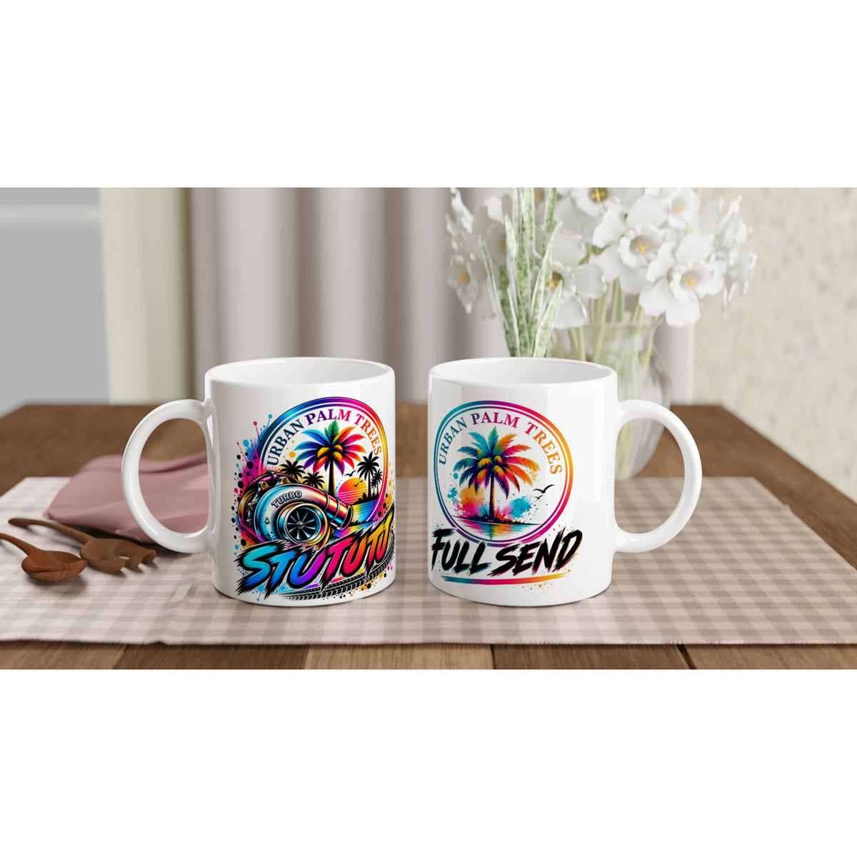Turbo petrolhead white coffee mug featuring colorful urban palm trees, turbo graphic, andFull Send text design for car enthusiasts.