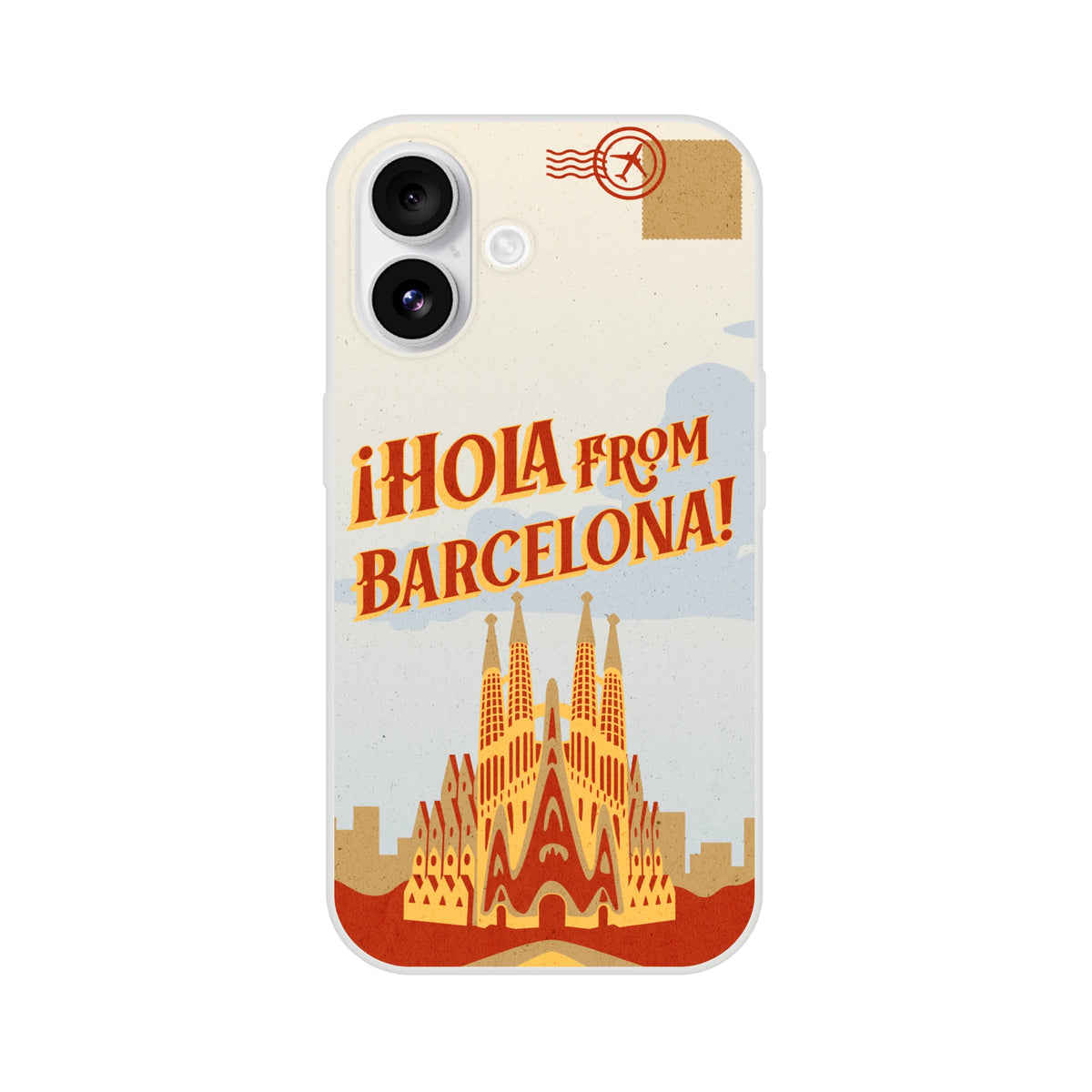 Vintage Postcard iPhone Case (13-16) Spain Holiday with Barcelona landmarks in retro travel design; Flexi shell.