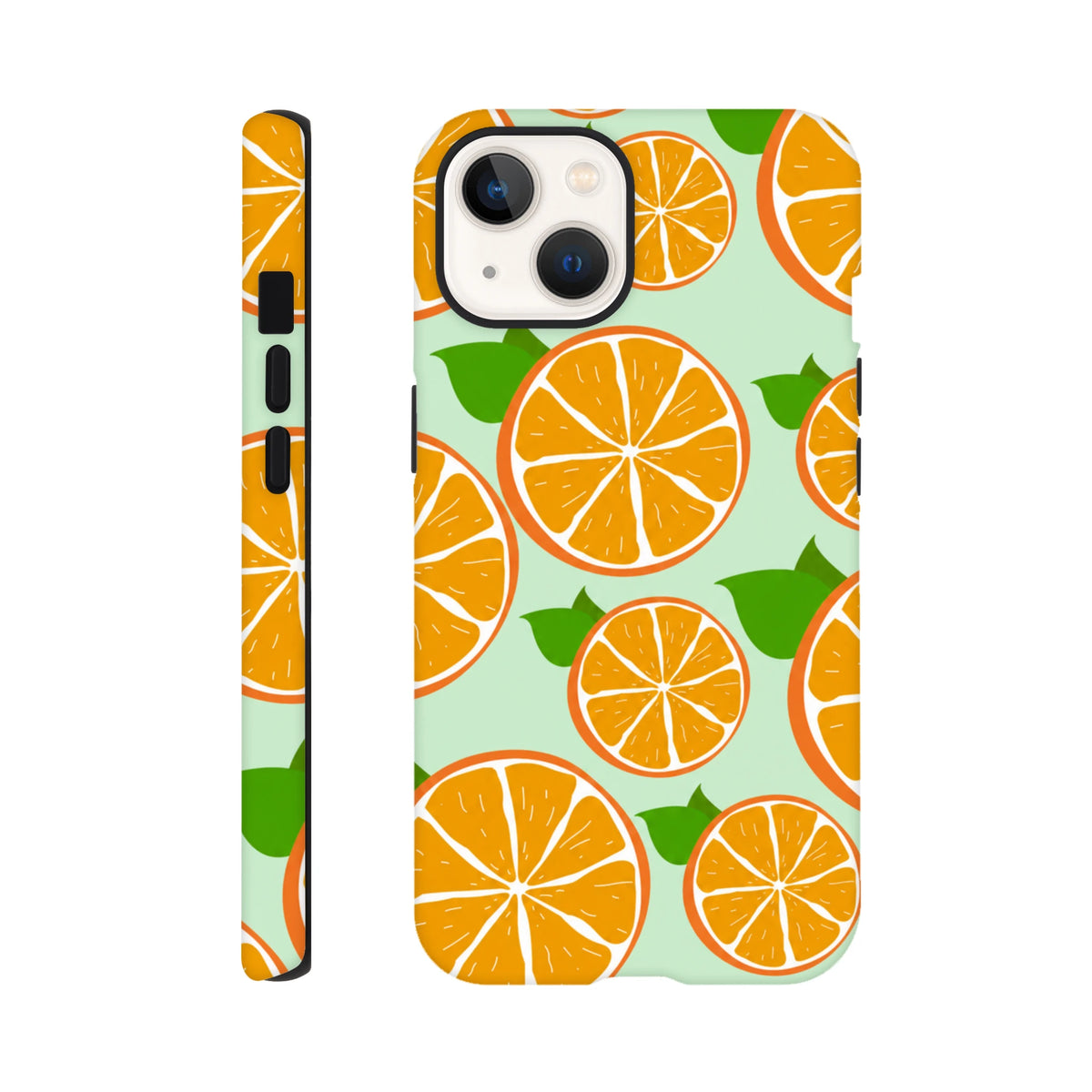 Citrus orange slice iPhone case for 13-16 with mint background and reinforced dropproof bumper.