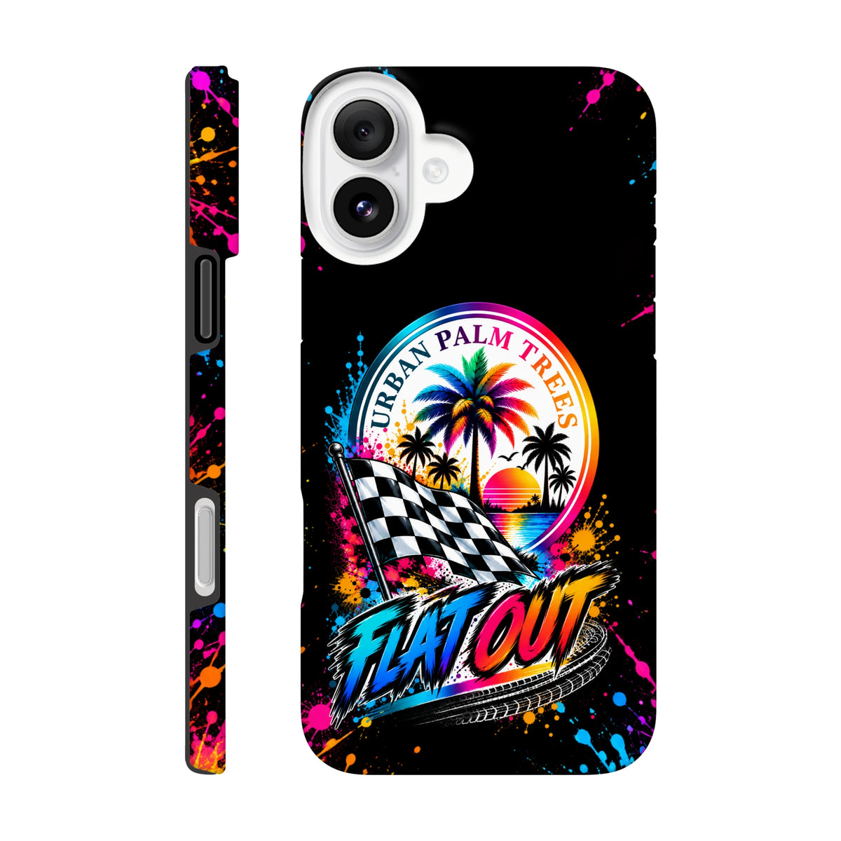 Flat Out iPhone case with checkered flag, palm trees, and neon splatter art. Vibrant modified car culture design wrapping back and sides for a bold look at car meets.