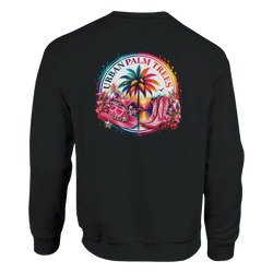 Black sweatshirt back print featuring retro tropical sunset design with pink cowboy boots, hat, and disco balls under Urban Palm Trees text.