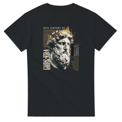 Black Gothic Gods graphic tee featuring a marble statue bust wearing a laurel crown with gold accents.