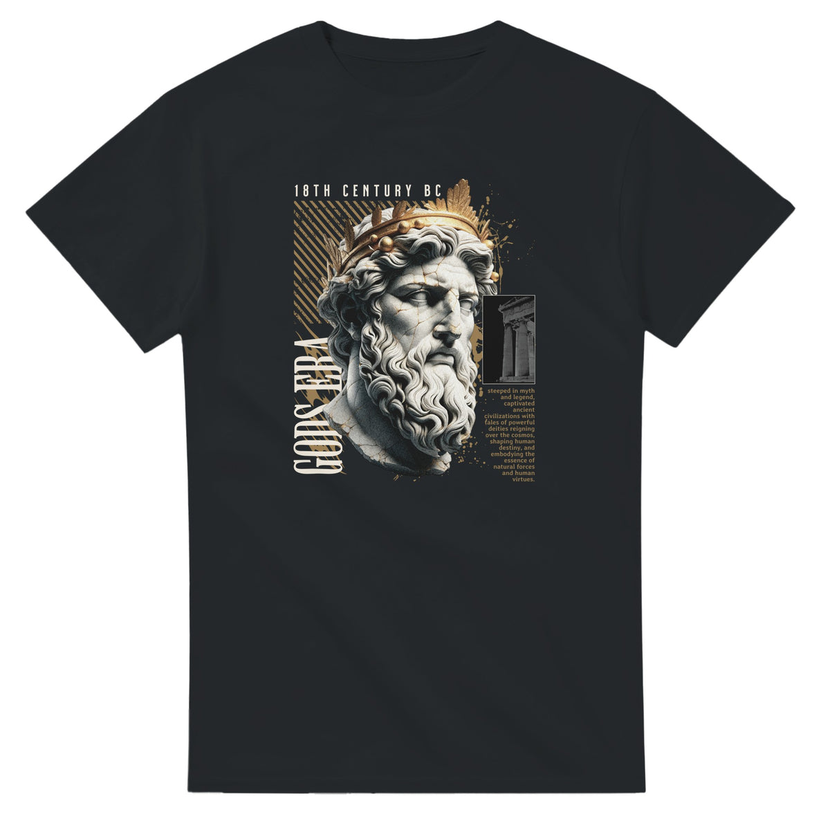 Black Gothic Gods graphic tee featuring a marble statue bust wearing a laurel crown with gold accents.