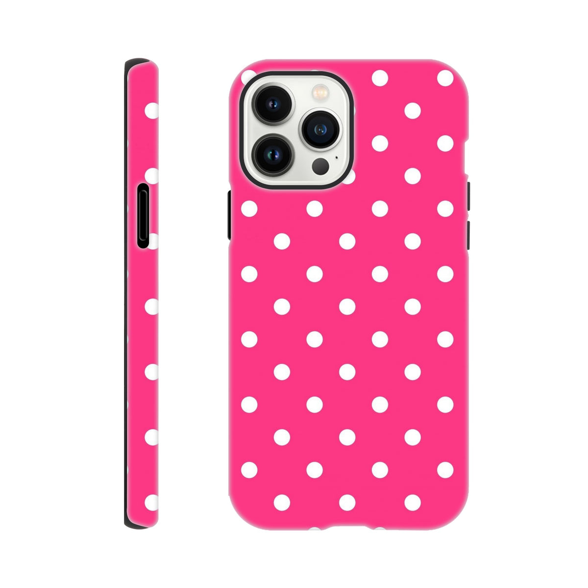 Hot pink & white polka dot tough iPhone case with dual-layer shock absorption for rugged protection and wireless charging access.