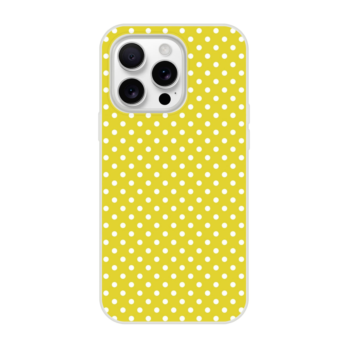 Retro yellow and white polka dot iPhone case with slim TPU protection for iPhone 13 through 16 models.
