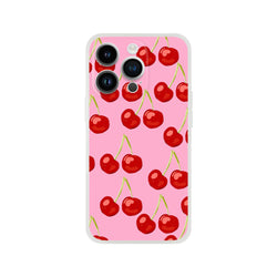 Pink iPhone case with cherry pattern for 13-16, coquette aesthetic, slim matte shell.
