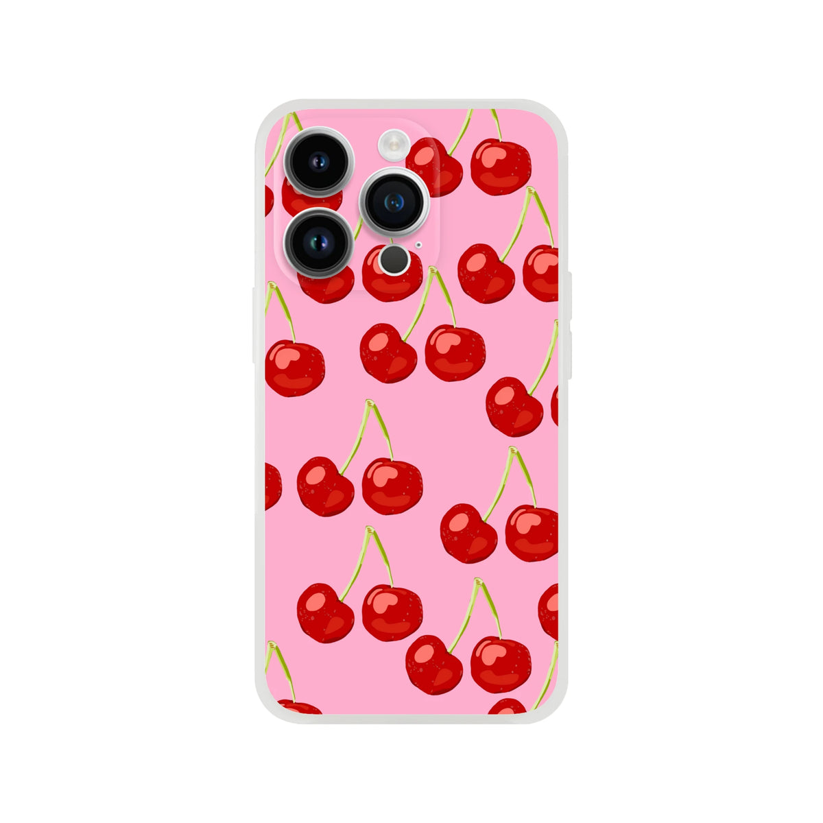 Pink iPhone case with cherry pattern for 13-16, coquette aesthetic, slim matte shell.