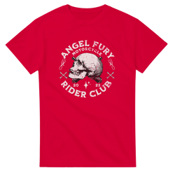 Red Angel Fury Rider Club biker skull graphic t-shirt for men featuring vintage motorcycle club design and spark plug details.
