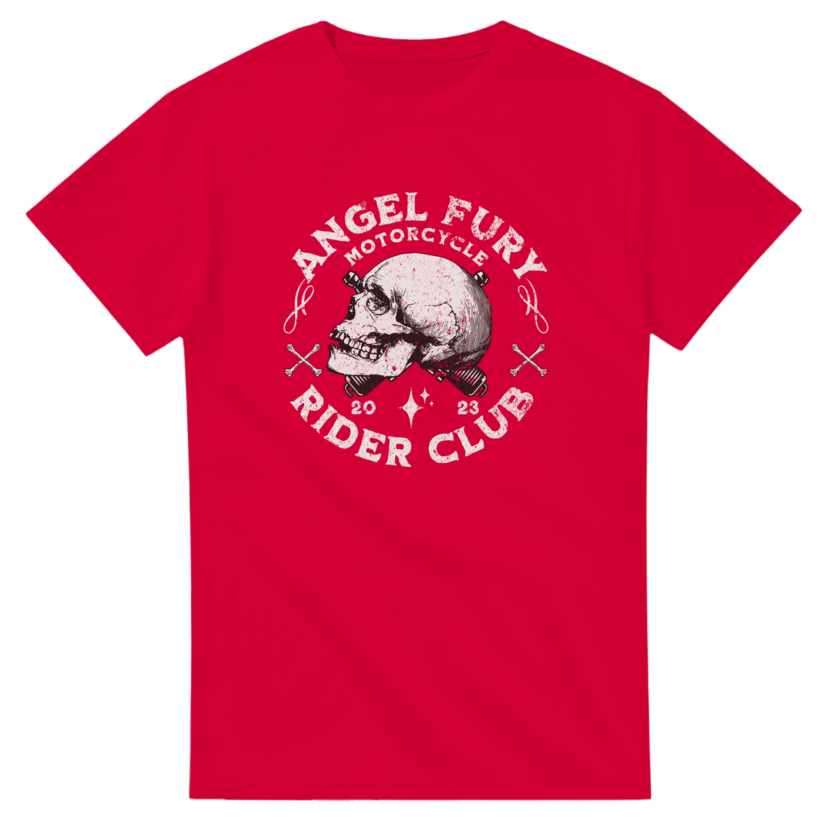 Red Angel Fury Rider Club biker skull graphic t-shirt for men featuring vintage motorcycle club design and spark plug details.