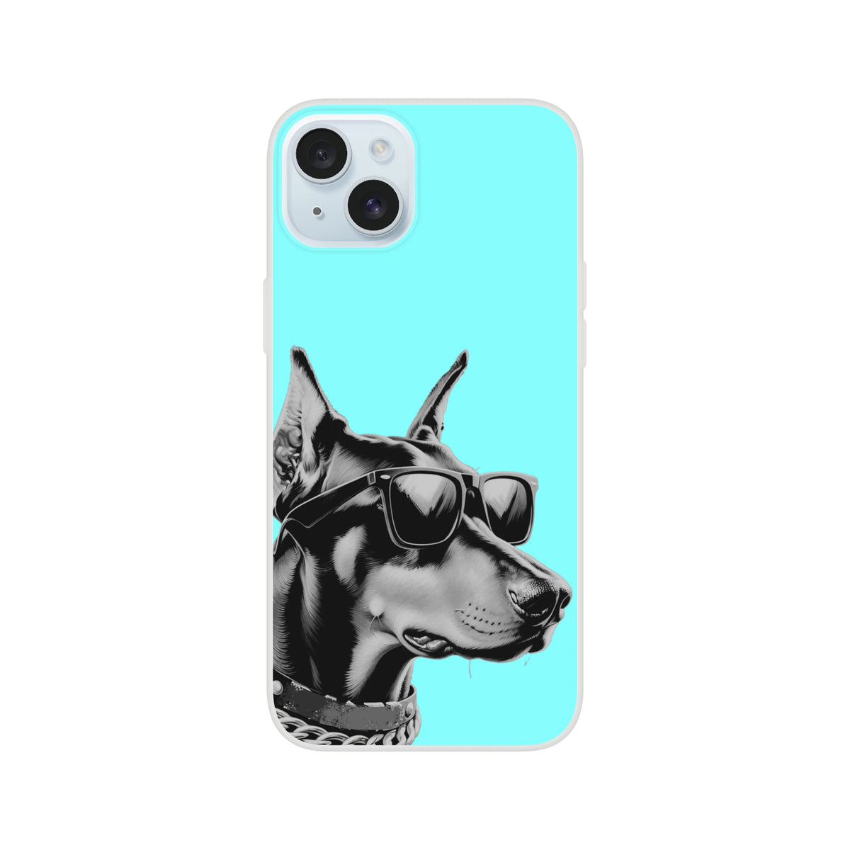 Cool Dog iPhone Case with retro aesthetic, turquoise background, dog wearing sunglasses.