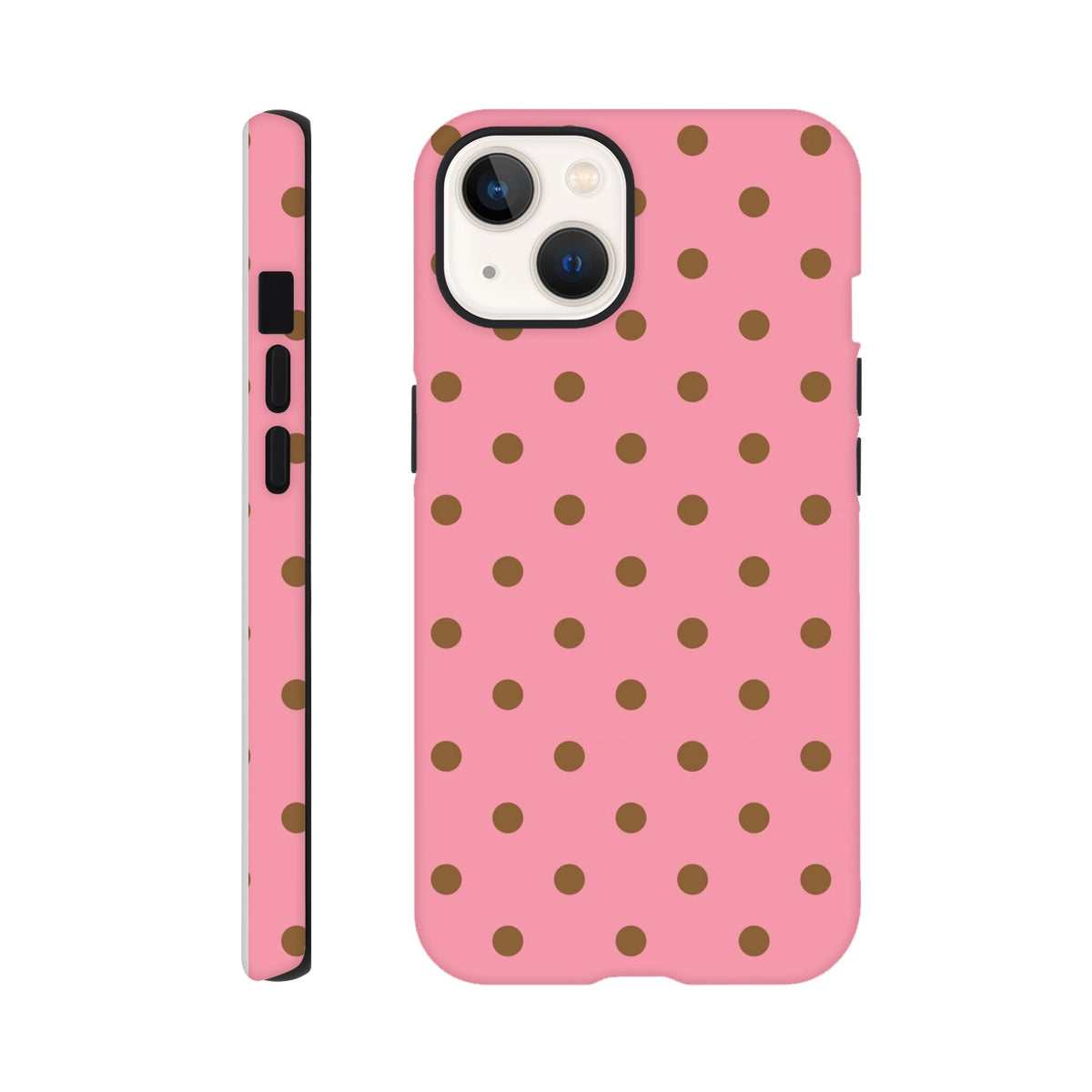 Pink and brown polka dot tough iPhone case with gloss finish and shock-absorbing TPU protection for daily use.