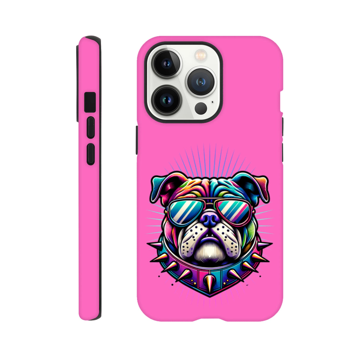 Pink tough iPhone case featuring a retro colorful bulldog wearing sunglasses and a spiked collar. Shock-absorbing phone cover for iPhone 13-16.