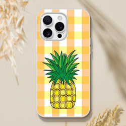 Pineapple graphic on yellow gingham iPhone case for iPhone 13-16, summer aesthetic.