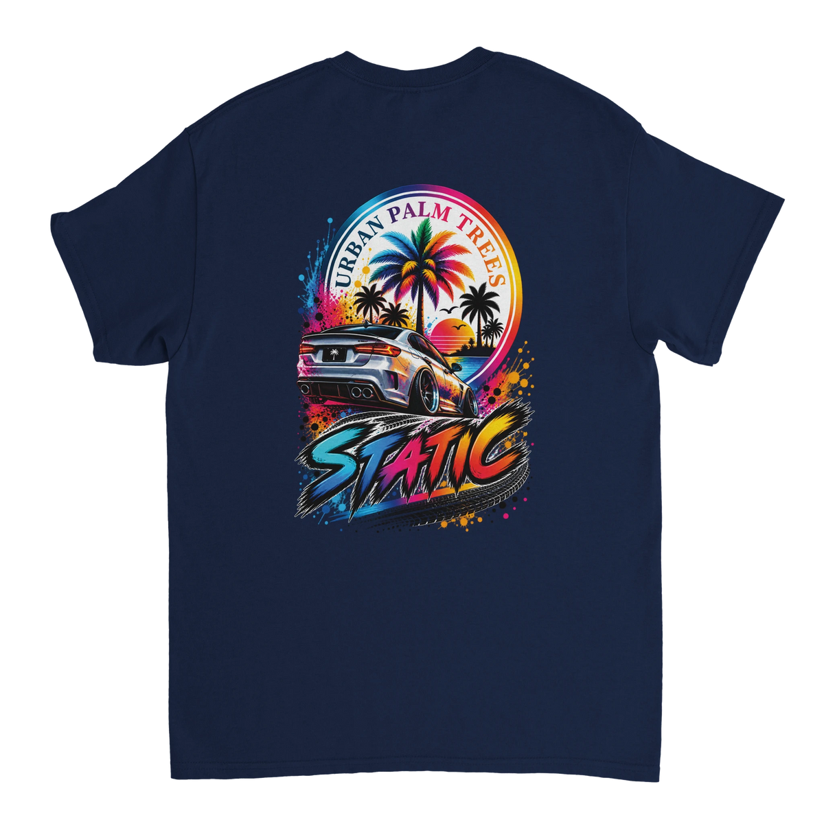 Navy t-shirt featuring a colorful static petrolhead graphic with a modified car, palm trees, and Urban Palm Trees text.