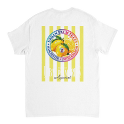 White t-shirt back featuring retro lemon graphic with yellow stripes and circular emblem reading Urban Palm Trees Manchester United Kingdom.