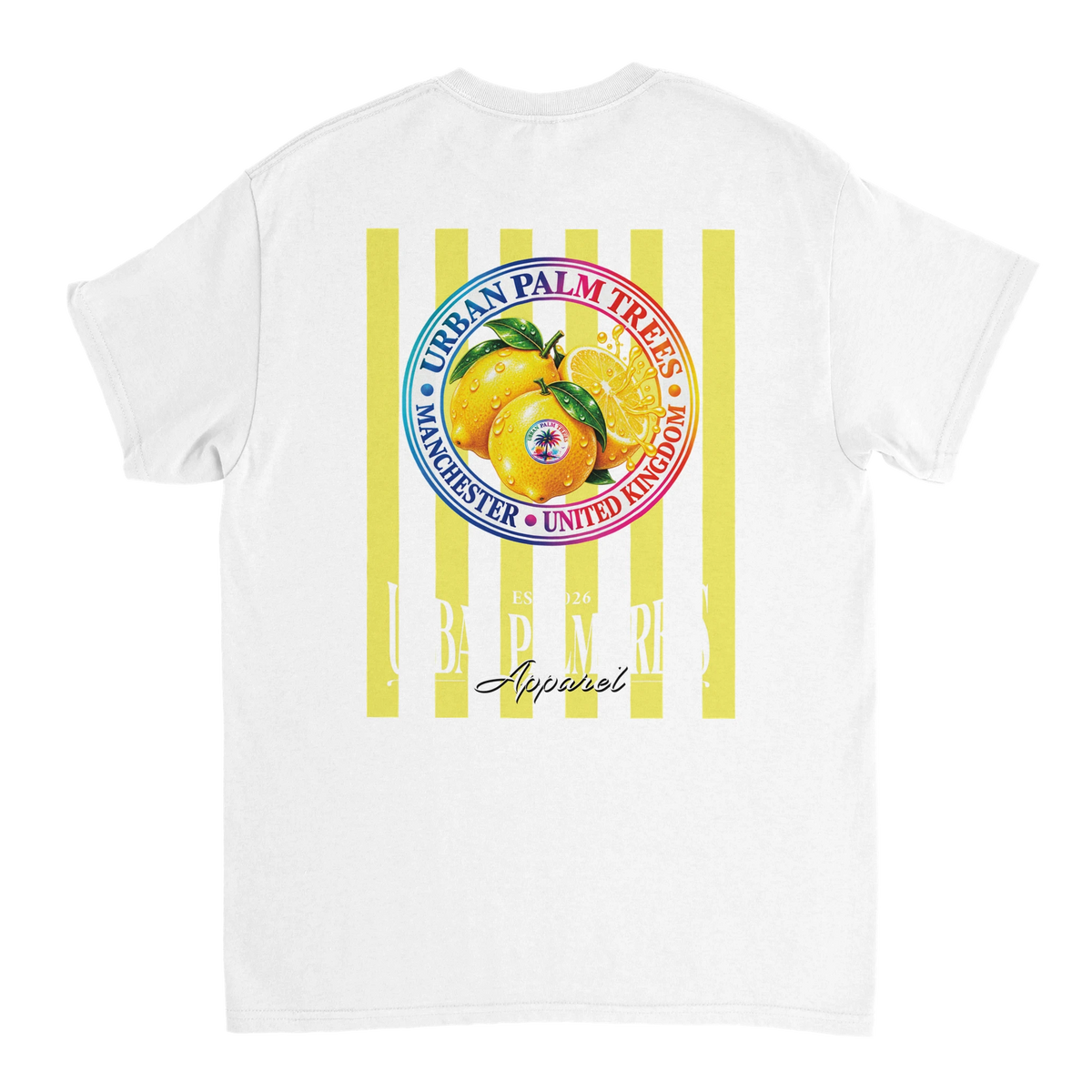 White t-shirt back featuring retro lemon graphic with yellow stripes and circular emblem reading Urban Palm Trees Manchester United Kingdom.
