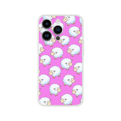 Pink iPhone case (13-16) featuring a repeating kawaii sheep pattern on a bright pink background.