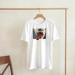 White women's crew-neck T-shirt in a soft cotton blend featuring pop-art lips with cherries on the chest.