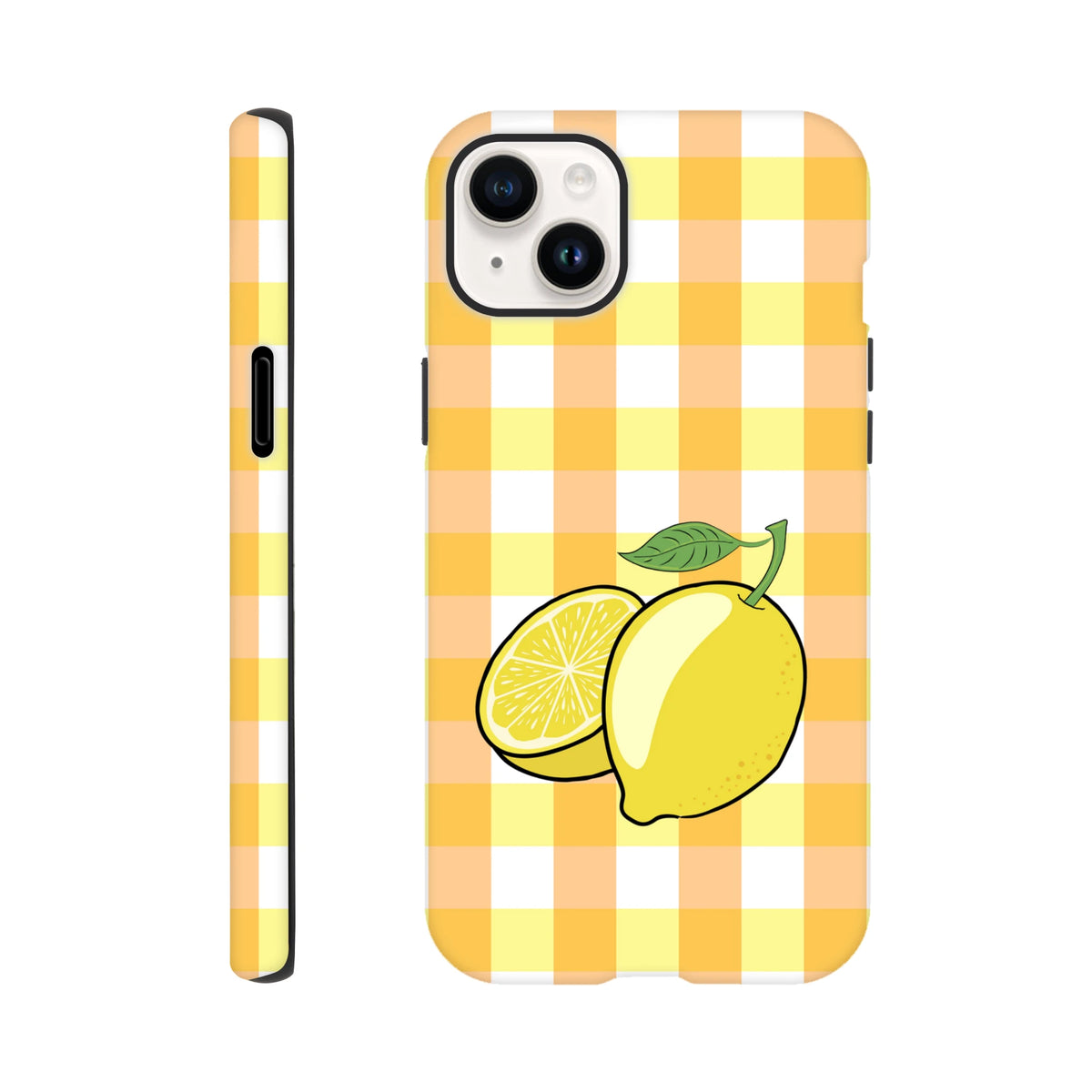 Yellow gingham iPhone case featuring a cute lemon illustration with drop protection for campus and street use.