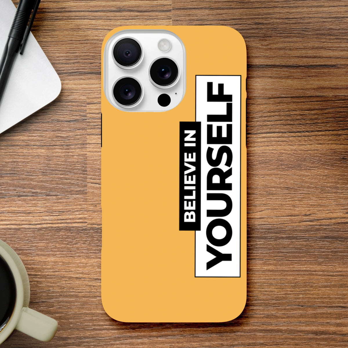 Believe In Yourself Tough iPhone Case (13-16) slogan phone cover in bold yellow wraparound design.