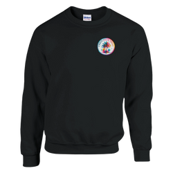 Black crewneck sweatshirt featuring a colorful tropical palm tree graphic on the chest. Vintage retro streetwear design with soft cozy brushed interior.