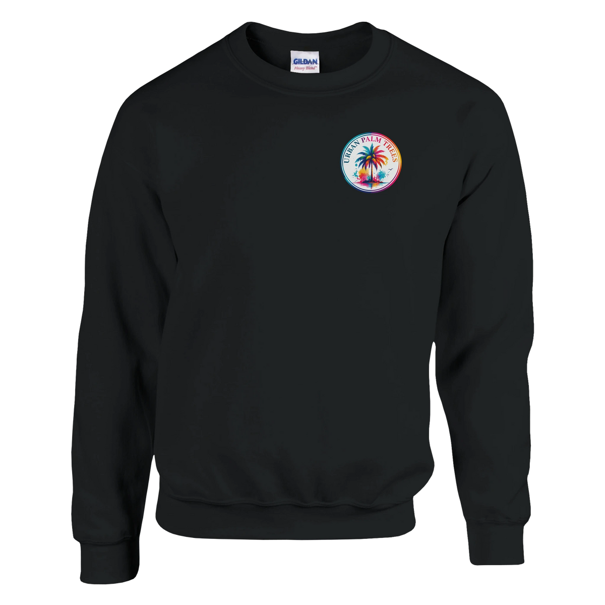 Black crewneck sweatshirt featuring a colorful tropical palm tree graphic on the chest. Vintage retro streetwear design with soft cozy brushed interior.