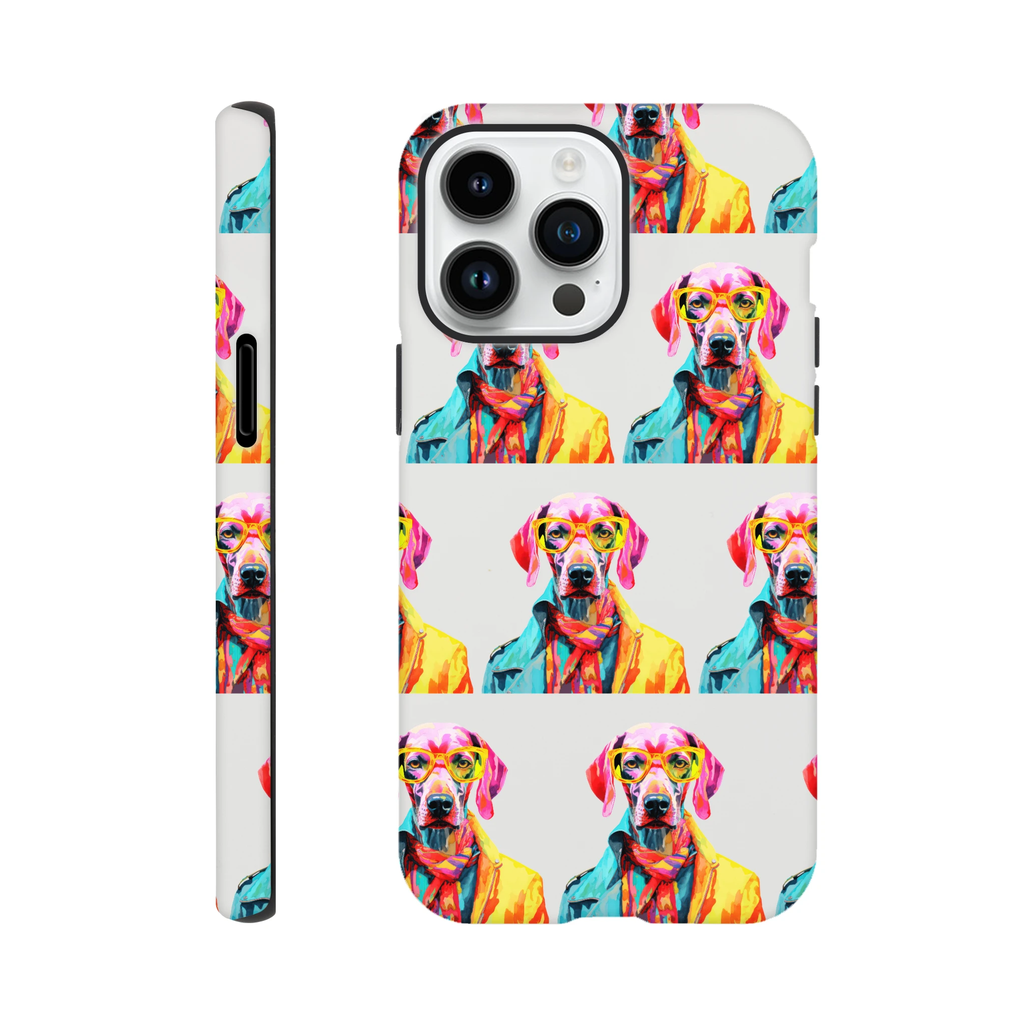 Colorful dog-pattern protective case with wraparound print for iPhone 16 15 14 13, double-layer rugged protection.