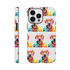 Colorful dog-pattern protective case with wraparound print for iPhone 16 15 14 13, double-layer rugged protection.